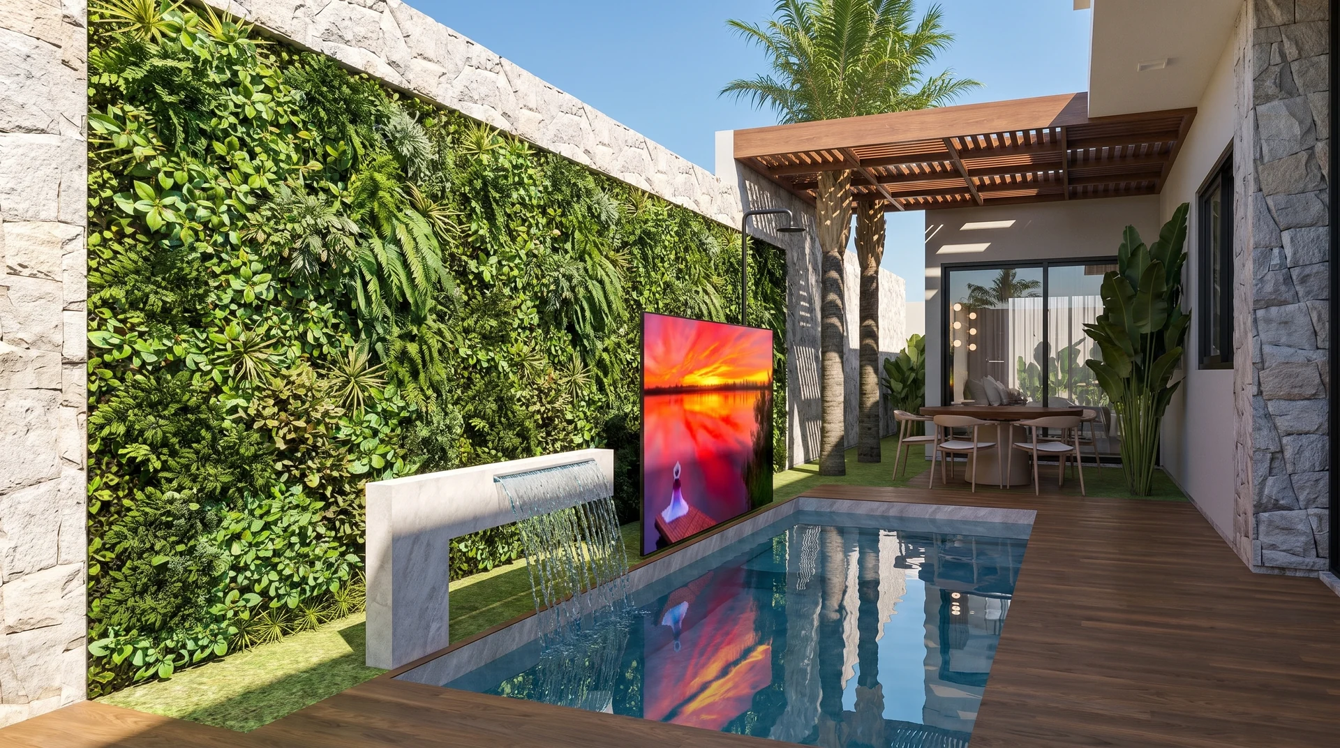 Piscina da CASA ACÁCIA junto ao jardim vertical, ao deck e ao pergolado