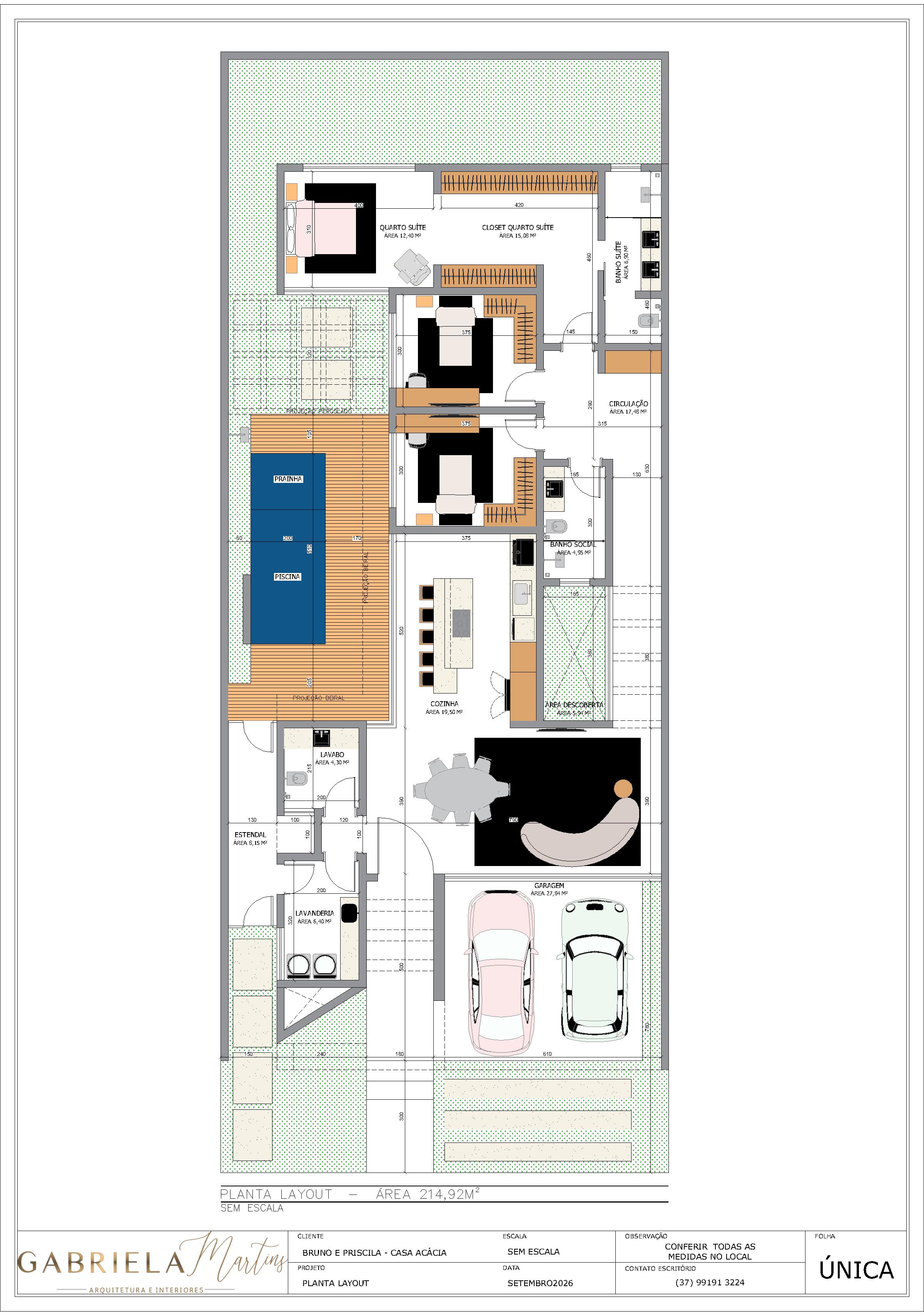 Planta baixa original cotada da CASA ACÁCIA, com ambientes, medidas e carimbo de Gabriela Martins